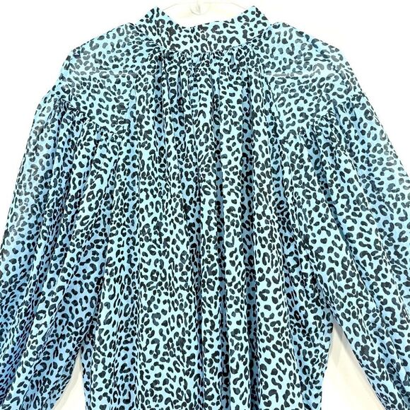 ASOS Blue Black Cheetah Print Semi Sheer Oversized Puff Sleeve Flowy Poet Blouse - Picture 4 of 16